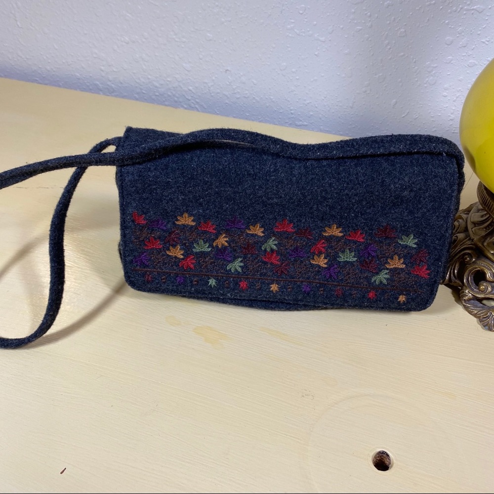 Frankie and Johnny Bag Handbag Gray WOOL Boho embroidered Wristlet, mini Bag